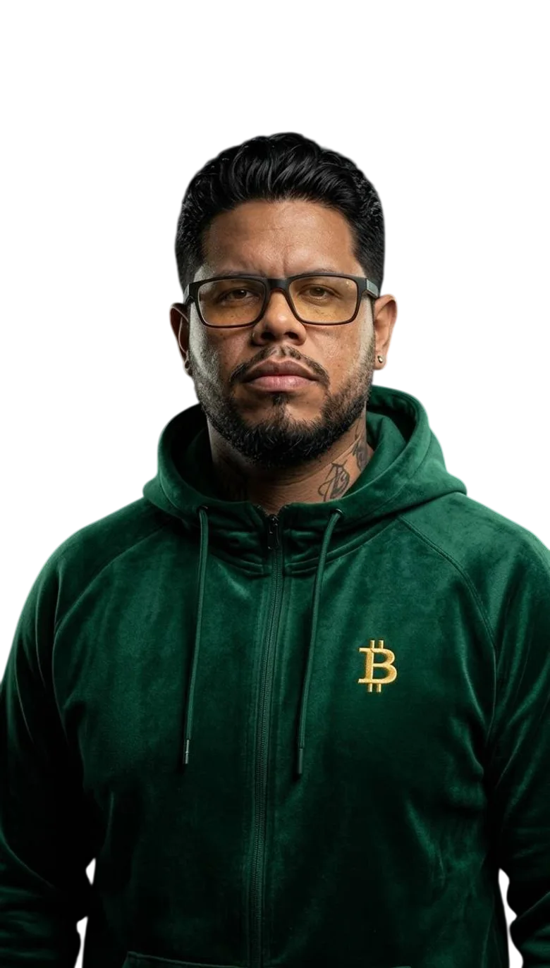 Homem vestindo moletom verde com o símbolo do Bitcoin